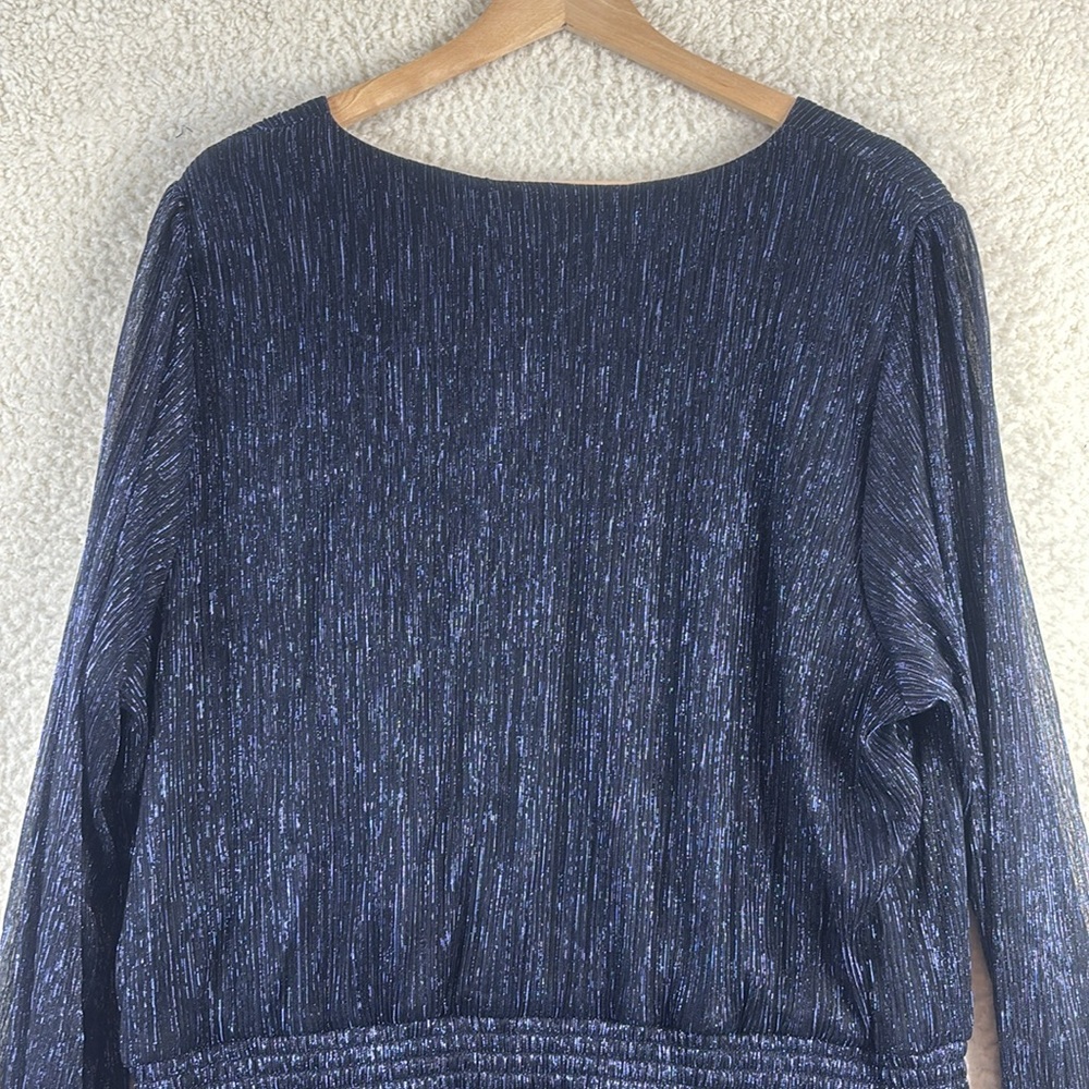 NWT MSK Womens Navy Blue Metallic Smocked V-Neck Long Sleeve Midi Dress PLUS 3X - Picture 10 of 13